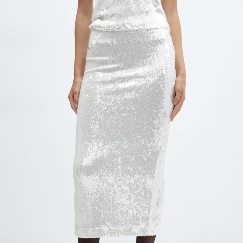 Mango White Sequin Pencil Skirt